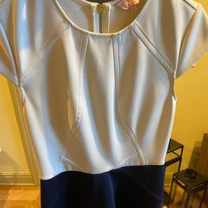 Ted baker blue and white cap sleeve dress w gold zipper in back